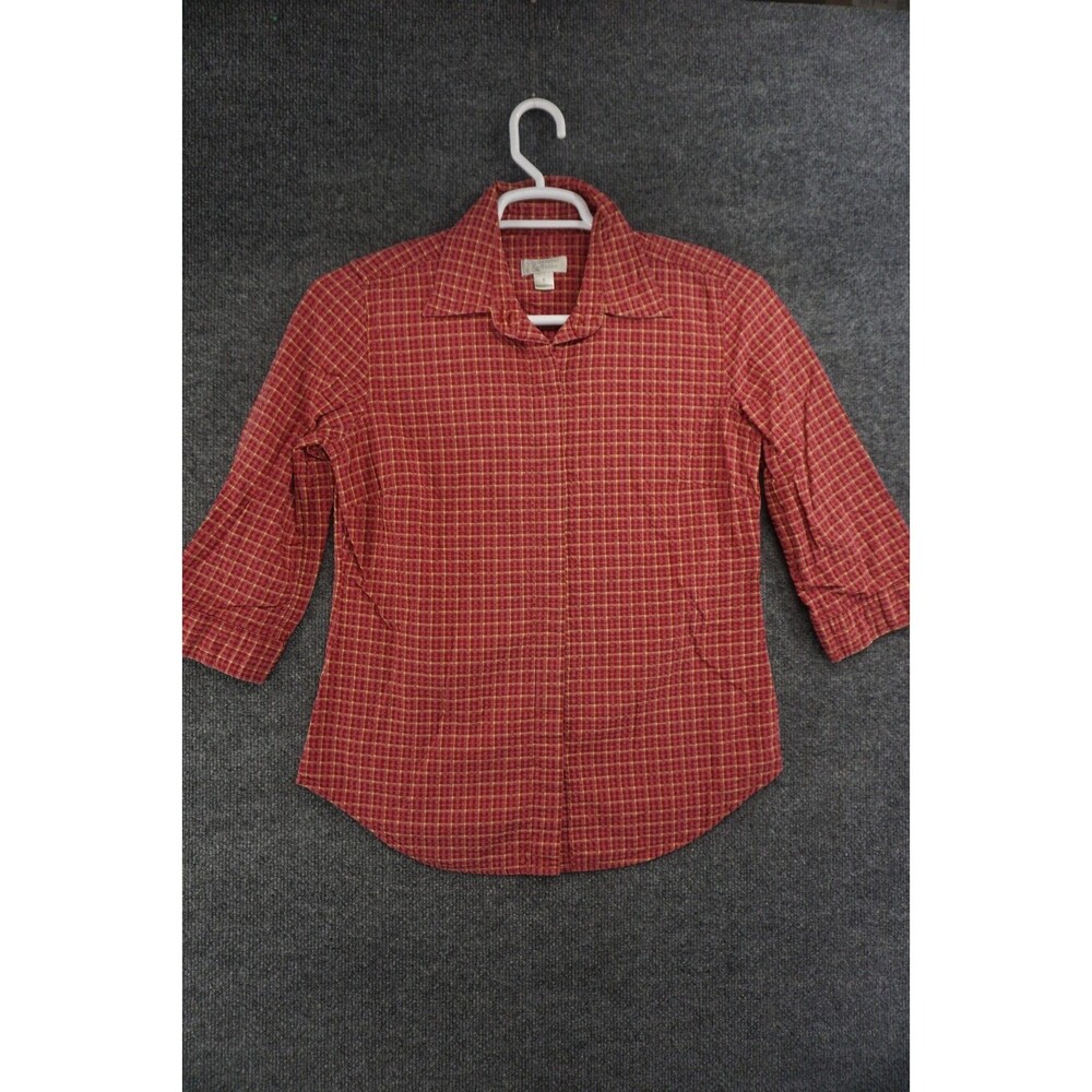 Christopher & Banks Red Plaid Seersucker Shirt Women’s Small 3/4 Sleeve Casual